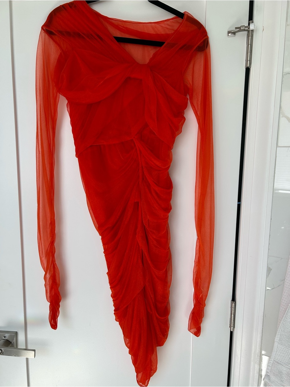 Asymmetrical Red Ruched Mesh Evening Dress